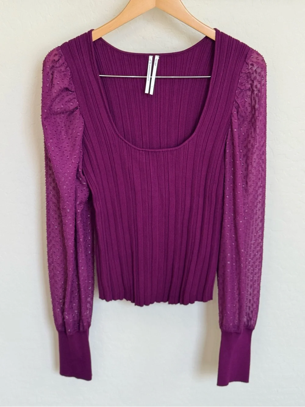 Anthropologie Ribbed Scoop Neck Shimmer Puff Sleeve Top Plum Purple Large